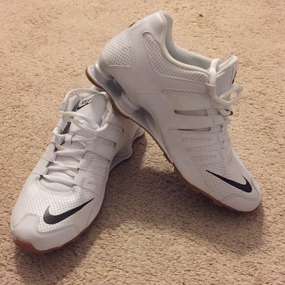 White Nike Shox with Tan bottoms